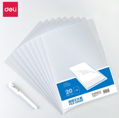得力5705透明文件套 pp材质单页夹经济L型办公资料文件袋20片/包