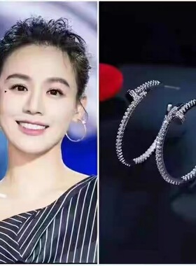 欧美时尚耳环女玫瑰金菱格纹满钻蛇骨耳圈个性ins潮