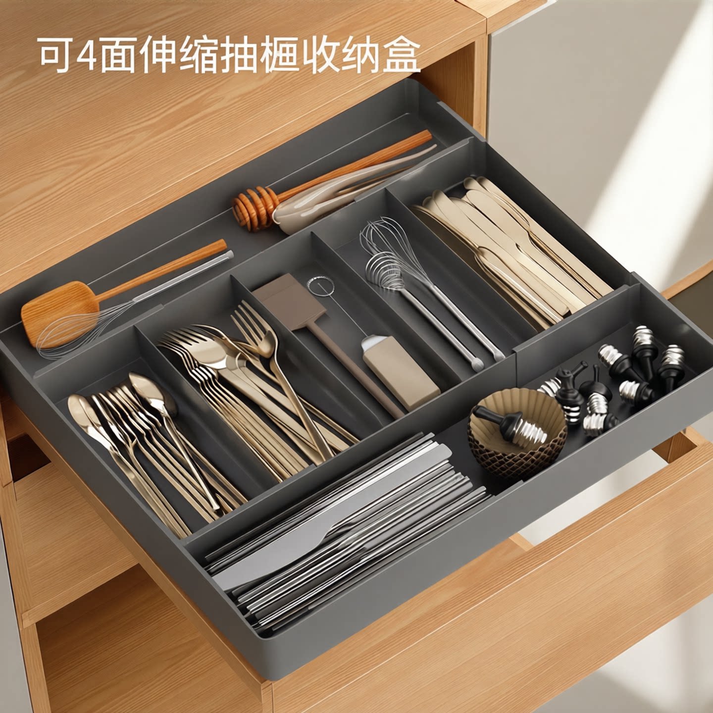 4面伸缩分格收纳盒抽屉餐具收纳