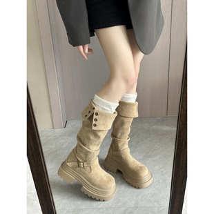 废土风不过膝长筒靴子女2025年秋冬新款 厚底绒面堆堆靴两穿骑士靴