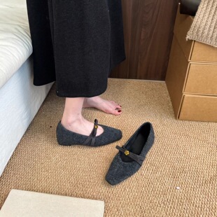 蝴蝶结百搭秋冬季玛丽珍鞋女小方头浅口毛呢绒绒保暖芭蕾单鞋
