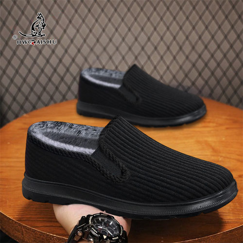 2025冬季老北京布鞋男加绒加厚保暖休闲鞋一脚蹬软底防滑黑色棉鞋