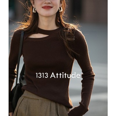 【现货】1313高弹不规则镂空设计咖色针织保暖女美丽诺羊毛小毛衣