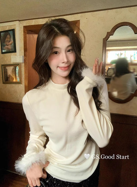 GS.GOOD START 秋冬温柔风气质鸵鸟毛拼接加厚半高领打底衫G6925U