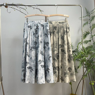 3220《柳絮才媛》原创新款复古印花a字长裙改良高腰半身裙女