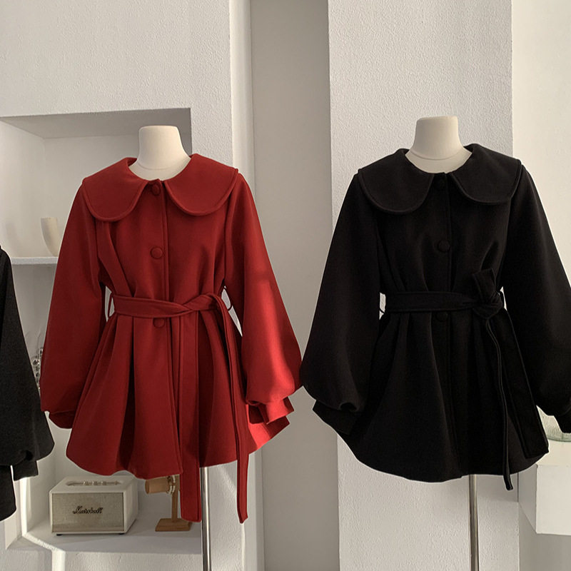 欧玛莱 娃娃领夹棉加厚单排扣灯笼袖收腰系带A字毛呢外套上衣5776,女装/女士精品,毛呢外套,淘宝优惠券,粉丝福利购,淘宝优惠卷