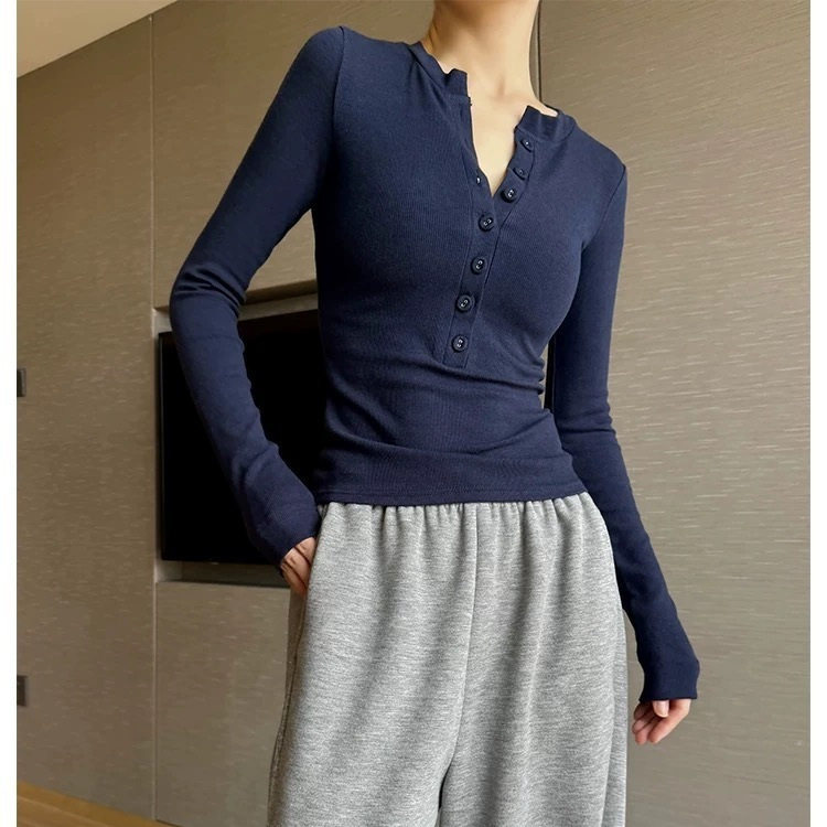 美式亨利衫女长袖针织打底衫春季V领纽扣T恤设计感上衣,女装/女士精品,T恤,淘宝优惠券,粉丝福利购,淘宝优惠卷