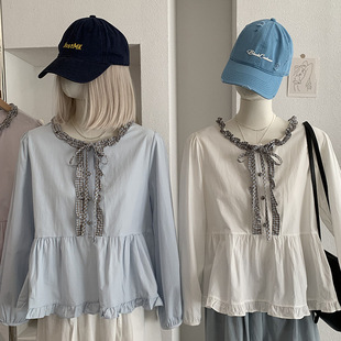 新款 女春季 复古时尚 长袖 6821 欧玛莱 上衣 格子系带拼接木耳边衬衫