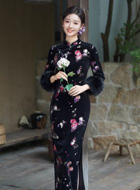 黑色新中式高级感丝绒旗袍烫金连衣裙女复古改良秋冬长袖年轻XL月