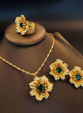 立体浮雕花朵绿色锆石耳钉戒指项链首饰套装女文艺复古饰品GH