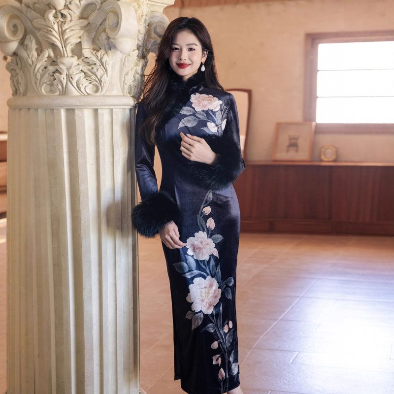 改良复古黑色旗袍女新