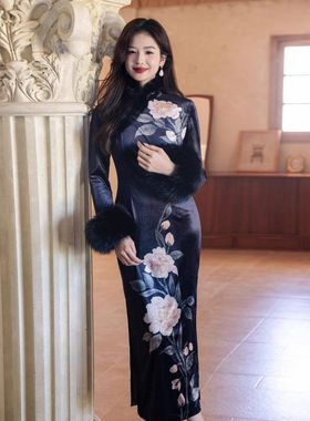 改良复古黑色旗袍女新中式丝绒连衣裙绝美日常修身高级感XL月