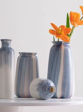 手绘蓝色简约ins风陶瓷装饰干花鲜花花瓶客厅插花样板间摆件NG