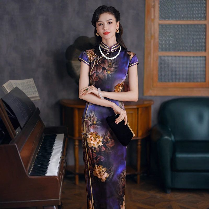 唐之恋紫色桑蚕丝真丝旗袍女中式高端喜婆婆礼服连衣裙年轻款2025