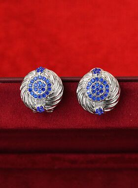 中古圆形烟花纹理耳拍镶嵌蓝色水钻几何银针耳钉轻奢高级耳饰GH