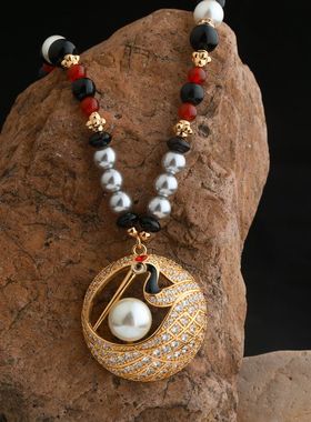 中古民族风仙鹤首饰套装轻奢小众复古高级感黑色串珠项链耳钉GH