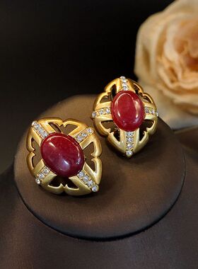 复古红色天然石镶钻镂空耳钉女耳饰高级感饰品GH