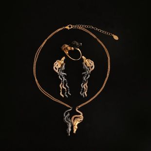 中古黑不掉色长款项链首饰四件套马首流苏耳环戒指高档饰品套装GH