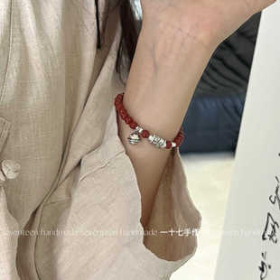 一十七手作 足银999福字转运珠复古铃铛南红玛瑙手串手链女 原创