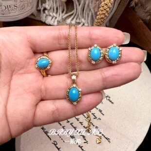 「睡美人」天然石绿松石锆石镶嵌高级简约设计项链戒指耳钉 X038