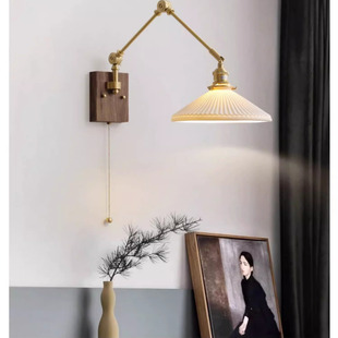 日式胡桃木客厅卧室壁灯法式复古全铜高端创意楼梯主卧室摇臂墙灯