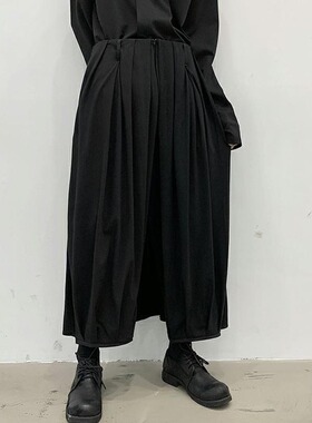 男装褶皱垂坠感直筒阔腿休闲裤日系潮黑色武士裤子秋冬设计感裙裤