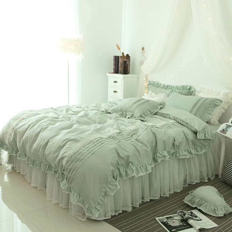 韩式全棉床上四件套素色纯棉公主风床单蕾丝床裙式1.8m床双人被套