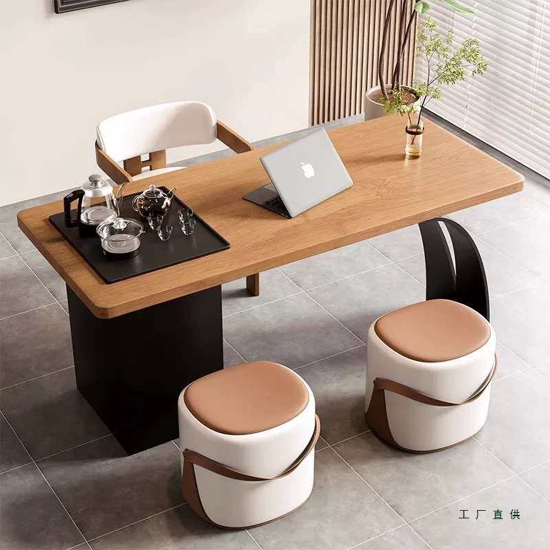 阳台实木茶桌办公桌一体两用简约现代小户型泡茶台茶盘电茶壶一体