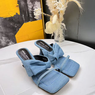 新款蓝色蝴蝶结猪里皮细跟女凉拖1762  2/2