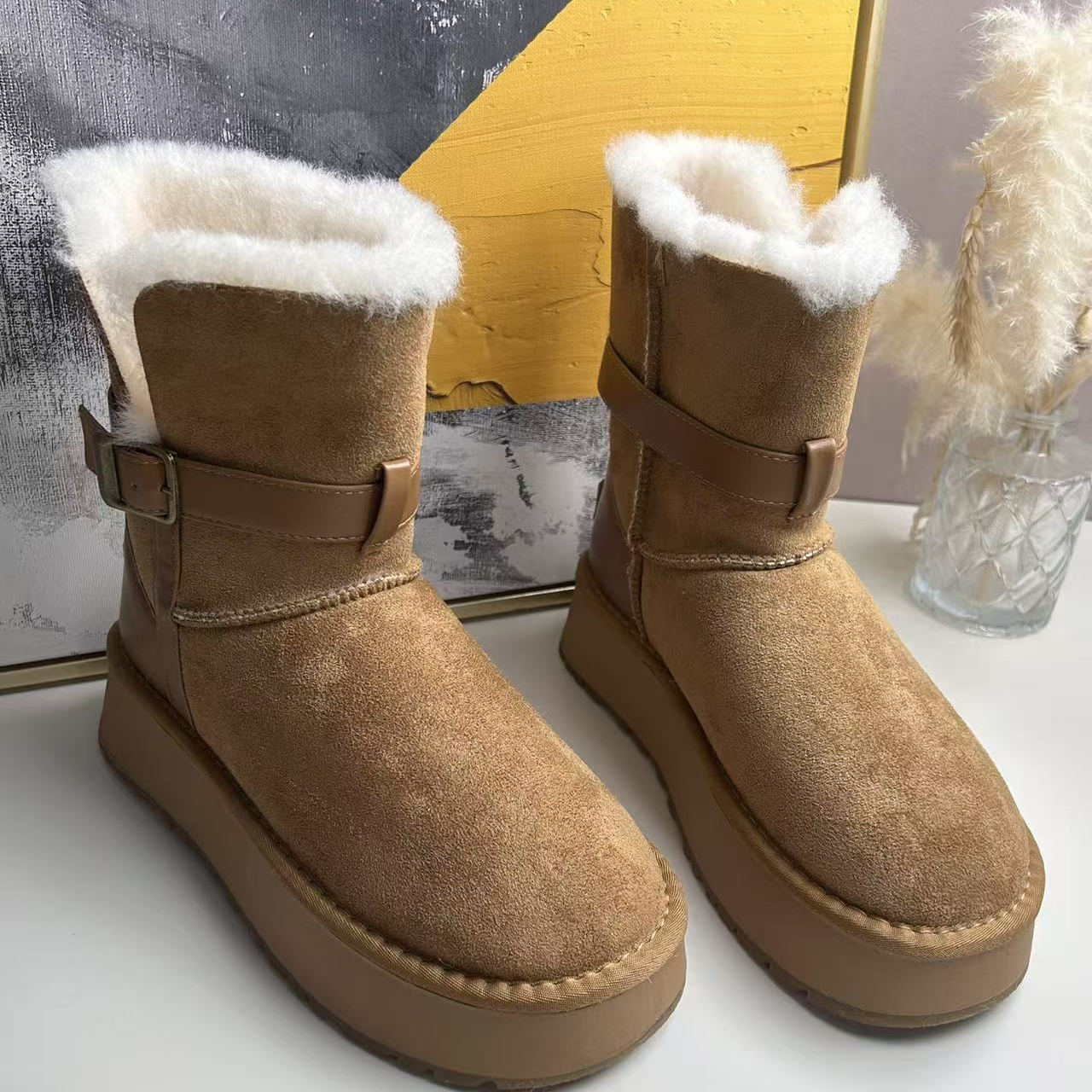 厚底长筒两穿雪地靴2025冬季新款皮毛一体加绒加厚棉靴D6828