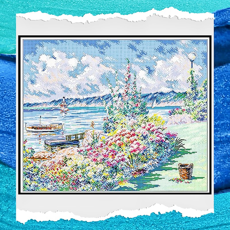 2023新款印花十字绣棉线满绣套件欧式风景系列鲜花海岸客厅卧室画