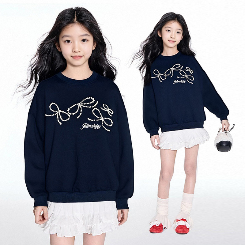 【5折特卖】钉珠蝴蝶结卫衣女童秋冬加绒休闲宽松长袖圆领上衣