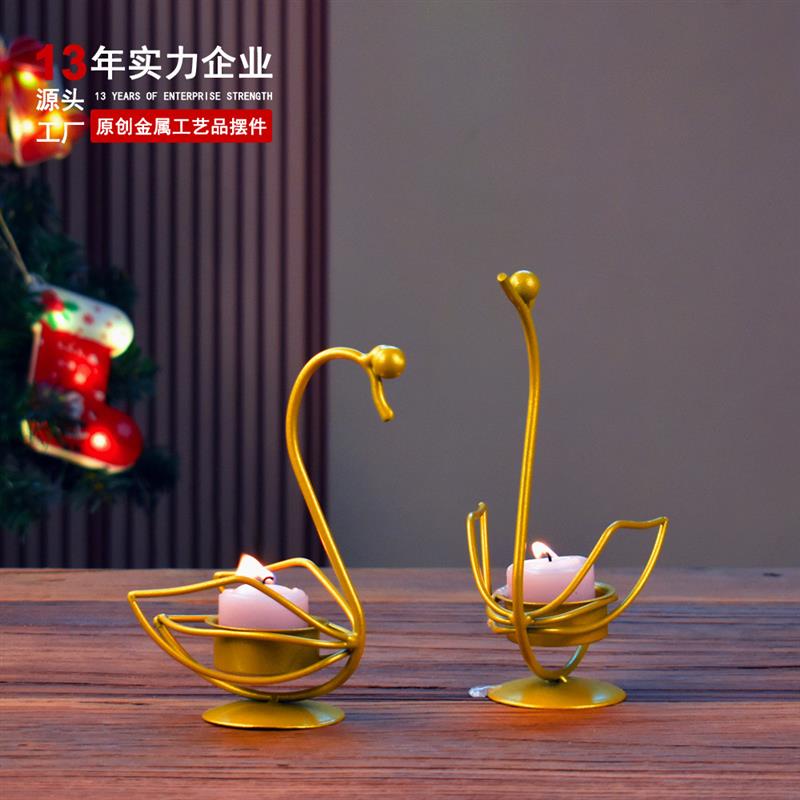 居家典雅 北欧风简约情侣天鹅铁艺工艺品浪漫蜡烛台婚庆氛围摆件