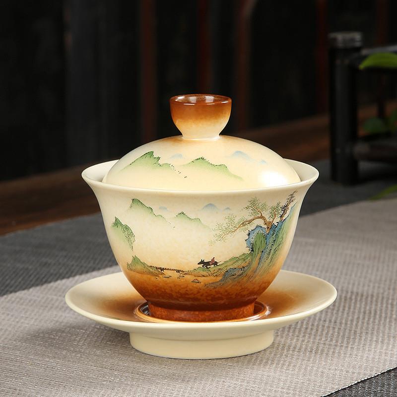 复古粗陶三才盖碗日式陶瓷功夫茶具单个茶碗大号手绘柴烧泡茶杯子