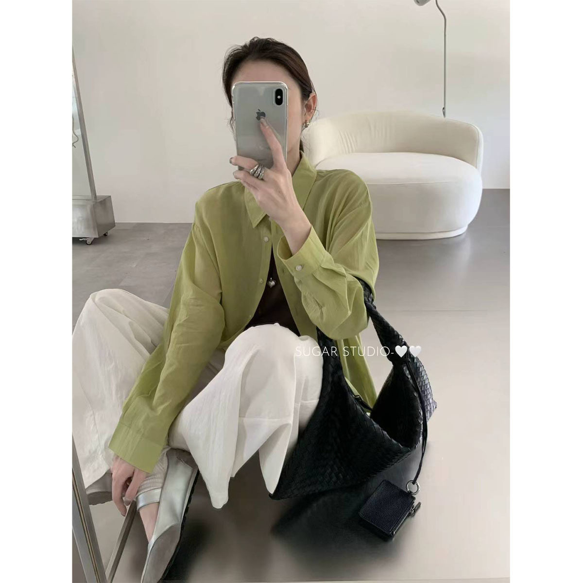 柠檬茶绿长袖薄款衬衫女韩系高级感垂感气质防晒翻领衬衣外套ZK5