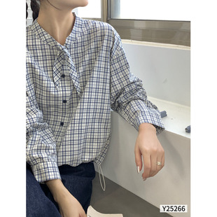 法式优雅腔调系带格纹衬衣2025秋季新款抽绳长袖格子衬衫女ZHS2