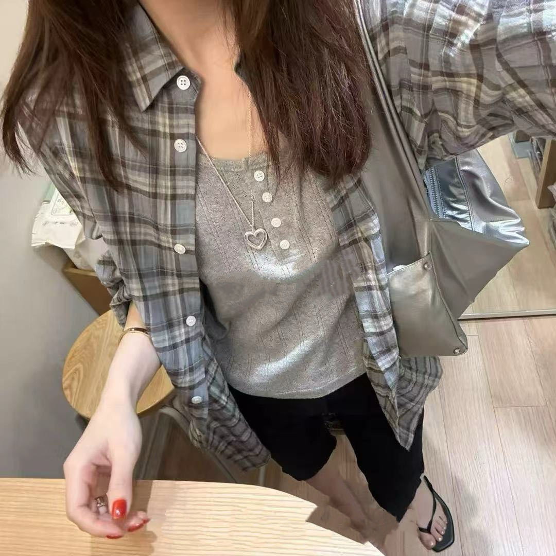 韩系ins复古港味衬衣女宽松清新微皱质感纹理防晒格子衬衫外套ZW1