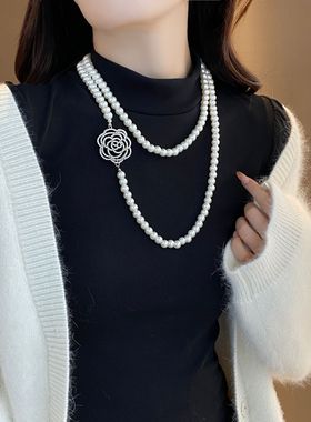 高档大气玫瑰花珍珠长款项链女