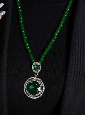 绿色圆牌长款毛衣链女2025新款