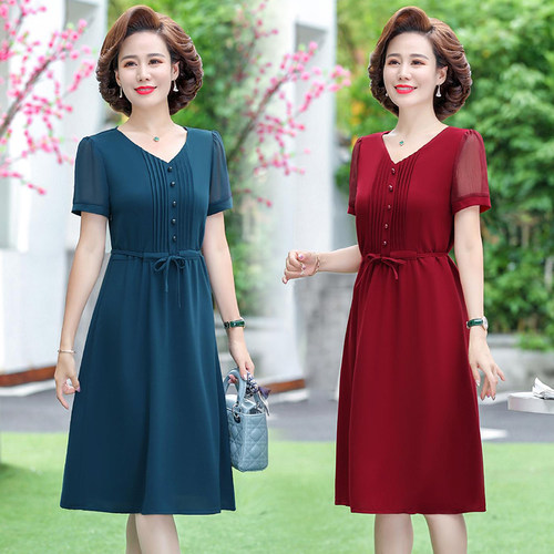 中老年妈妈装雪纺短袖连衣裙洋气