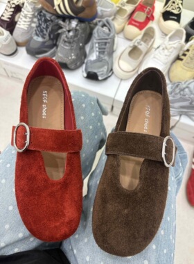 可千凡2529/7C01-1真皮复古浅口平底单鞋女红色玛丽珍鞋百搭勃肯