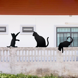 3件套黑猫围栏装饰铁艺猫剪影乡村木栅栏装饰户外树桩和庭院摆件