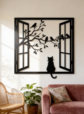 现代简约窗户猫咪花鸟装饰画客厅玄关背景墙挂画轻奢艺术壁画