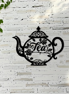 复古茶壶金属壁画带玫瑰花装饰摆件铁艺家居客厅餐厅墙面装饰品