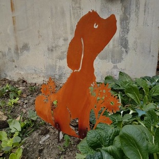 复古花园动物雕塑生锈的铁艺小狗剪影户外庭院摆件装饰地插50CM高