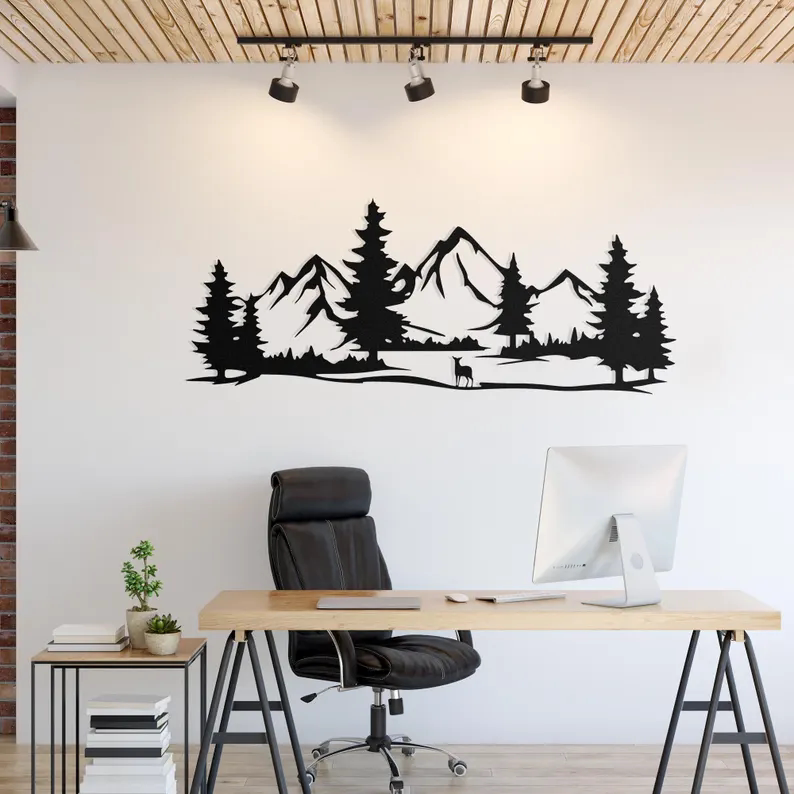 风景画铁艺挂件树林山脉鹿剪影客厅背景墙壁挂玄关办公室墙面壁饰