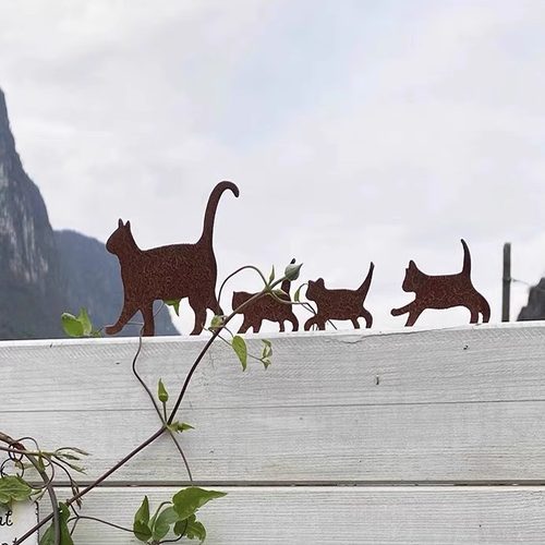 猫咪母子组合剪影木栅栏装饰做旧金属猫雕塑铁艺挂件庭院围墙摆件