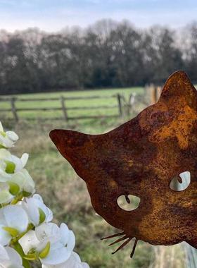 创意生锈猫偷看农场花盆金属摆件庭院盆栽装饰铁艺花园地桩地插