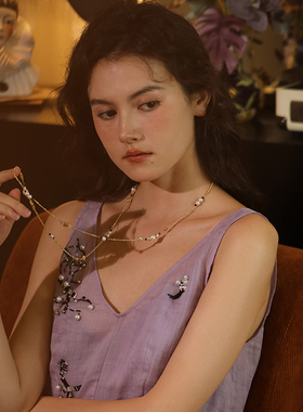 《摩登时代》复古设计感宫廷小众气质长毛衣项链黄铜珐琅黑玛瑙女