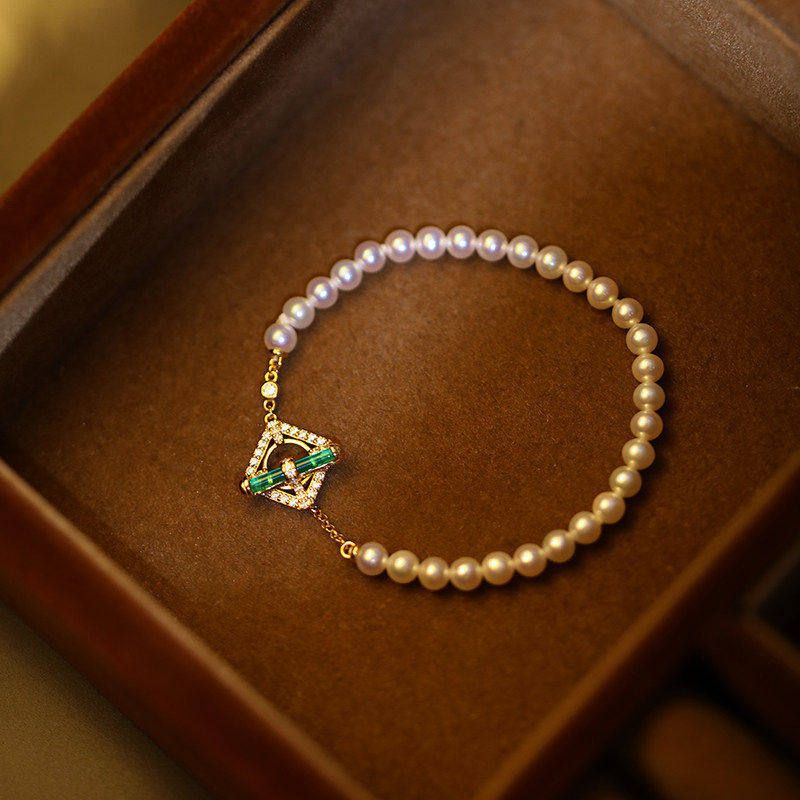 《绿廊》限量！4-5MM top 珠串 天然珍珠绿玛瑙OT扣纯银手链女